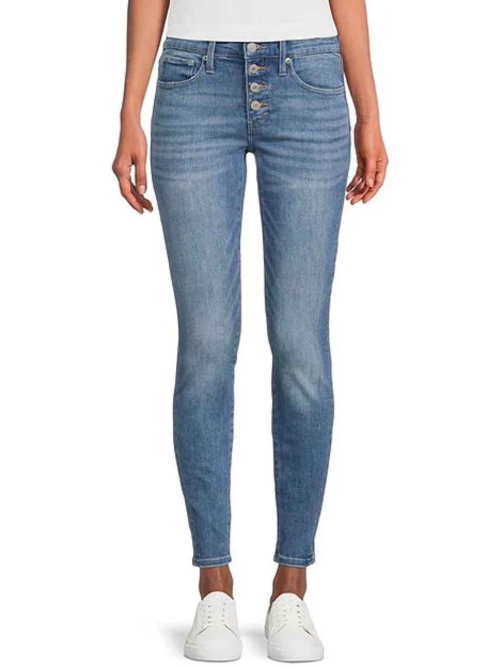 Free People Mid-Rise Button-Fly Skinny Jeans in Medium Blue Wash